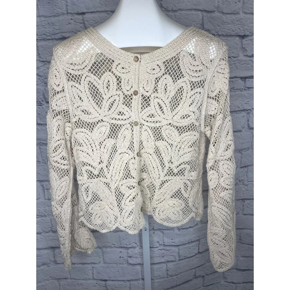 Boho Knit Cardigan Sweater Beige Size MED Ladies Crochet Button Down - Picture 6 of 7